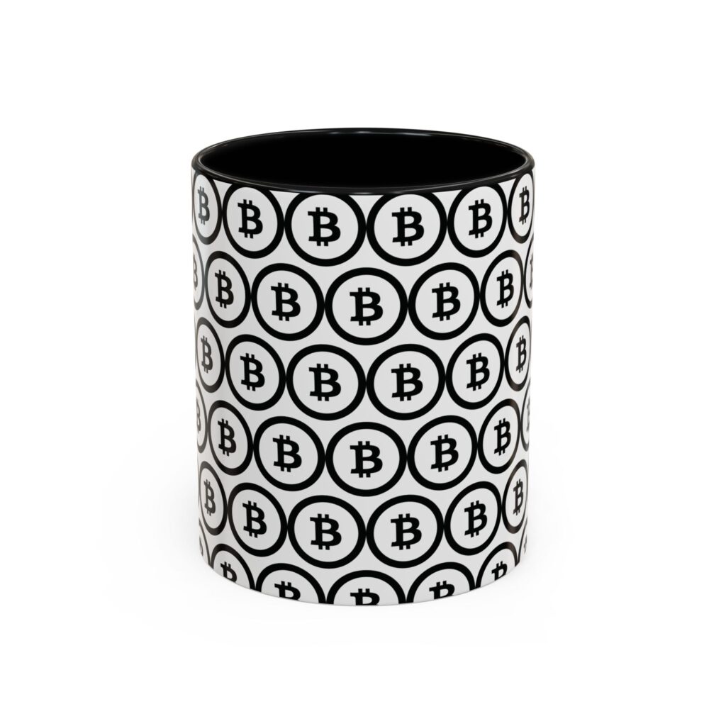 Bitcoin Pattern Accent Mug — Black Crypto Coffee Cup (11/15oz) crypto mug and blockchain drinkware