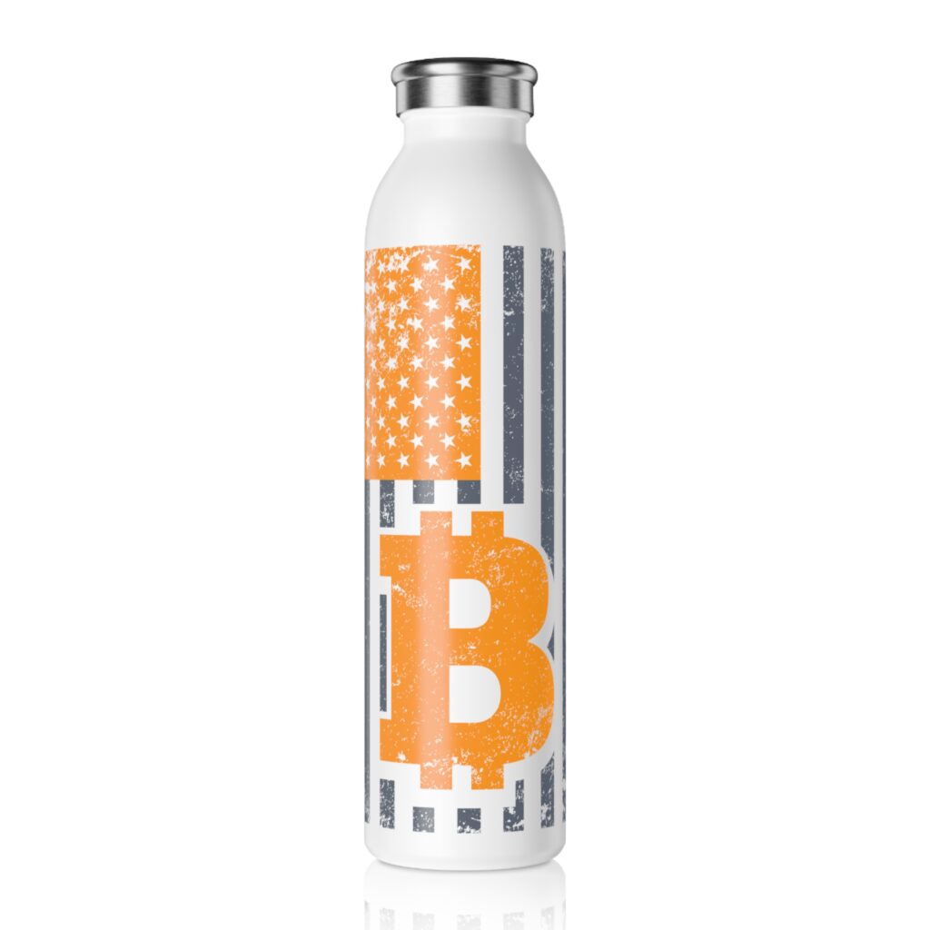 Bitcoin Flag Slim Water Bottle — Distressed Orange BTC Design, Crypto Gift crypto mug and blockchain drinkware