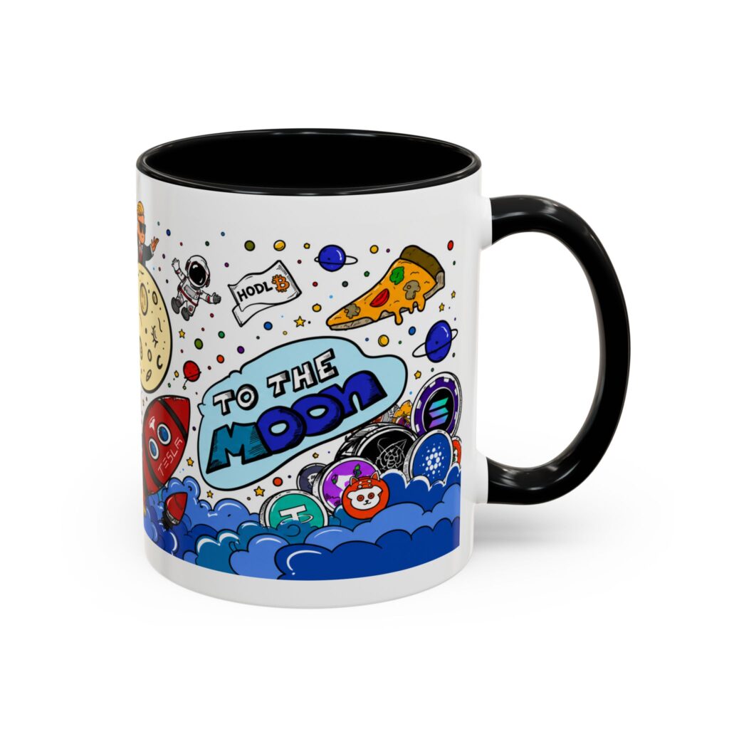 To The Moon Rocket Coffee Mug — Space Crypto Doodle Accent Mug (11/15oz) crypto mug and blockchain drinkware