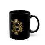 Bitcoin Gold Pattern Mug — Black Crypto Coffee Cup for Traders & Enthusiasts crypto mug and blockchain drinkware