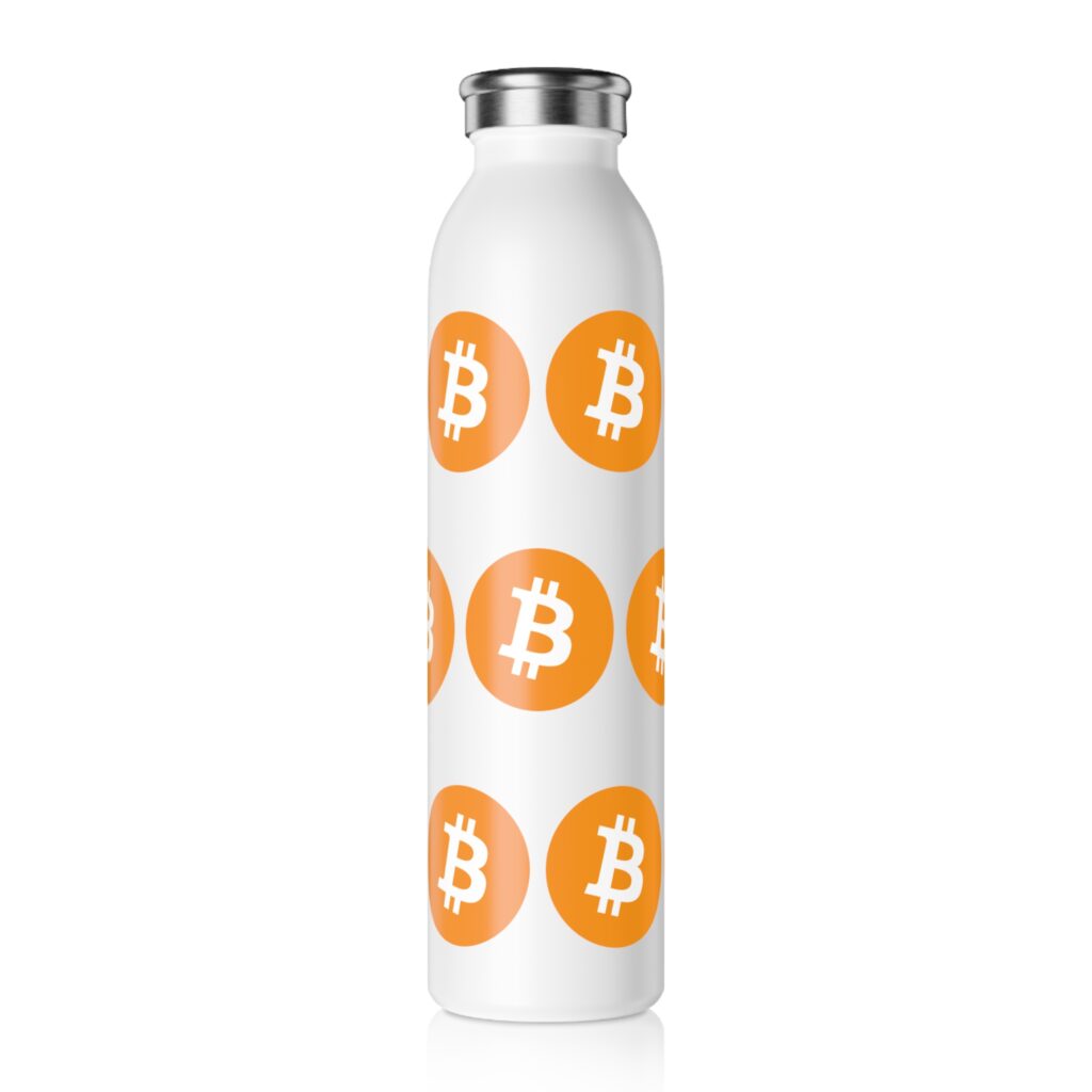 Bitcoin Logo Slim Water Bottle — Crypto Pattern Stainless Steel Bottle crypto mug and blockchain drinkware