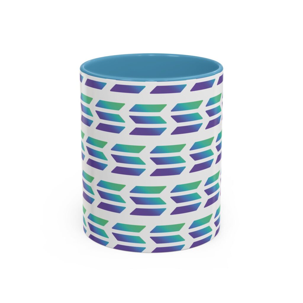 Geometric Chevron Accent Coffee Mug — Blue & Teal Arrow Pattern crypto mug and blockchain drinkware