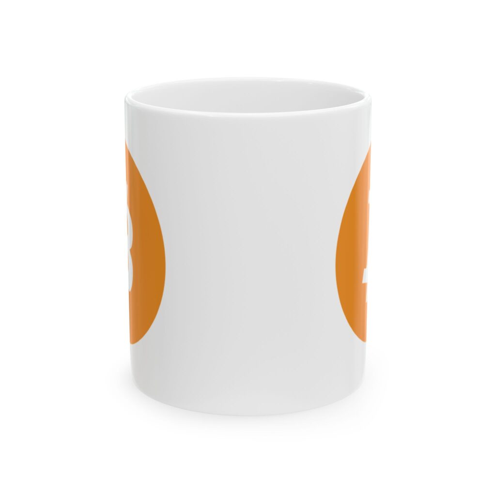 Bitcoin Logo Ceramic Mug — Orange BTC Symbol Coffee Cup (11oz & 15oz) crypto mug and blockchain drinkware