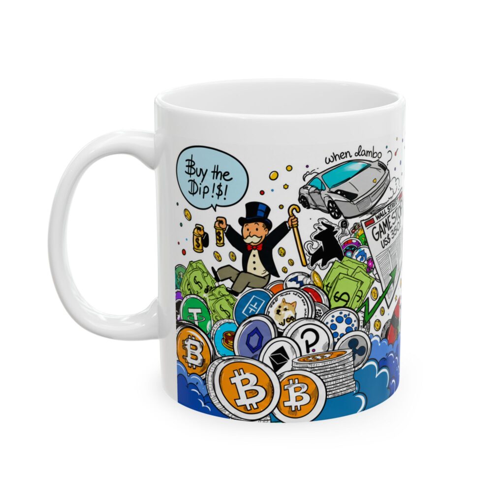 Crypto Doodle Mok — Rocket, Moon & Bitcoin Cartoon Design (11oz/15oz) crypto mok en blockchain drinkfles