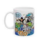 Crypto Doodle Mok — Rocket, Moon & Bitcoin Cartoon Design (11oz/15oz) crypto mok en blockchain drinkfles