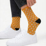 Bitcoin Logo Sublimation Socks — Orange Crypto Pattern Crew Socks crypto socks for Bitcoin and Web3 holders