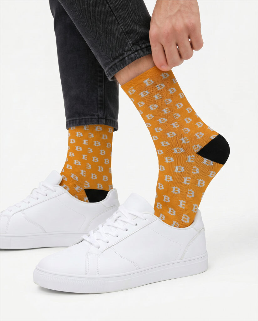 Bitcoin Logo Sublimation Socks — Orange Crypto Pattern Crew Socks crypto socks for Bitcoin and Web3 holders