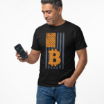 Bitcoin Flag T-Shirt — Distressed Orange BTC American Flag Tee crypto t-shirt for Bitcoin and Web3 culture