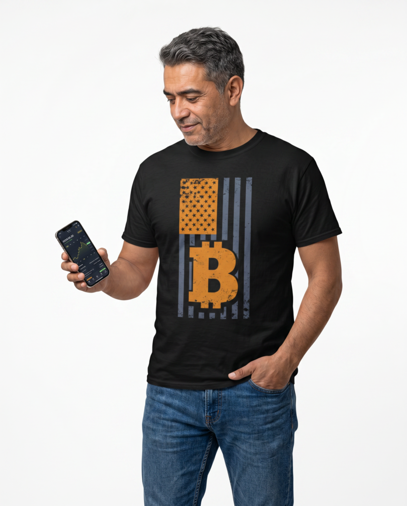 Bitcoin Flag T-Shirt — Distressed Orange BTC American Flag Tee crypto t-shirt for Bitcoin and Web3 culture