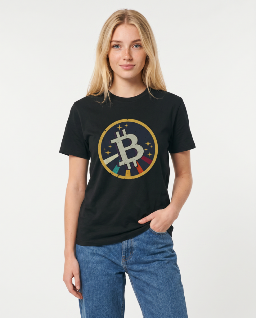 Bitcoin Retro Rocket T‑Shirt — Vintage Crypto Logo Tee crypto t-shirt for Bitcoin and Web3 culture