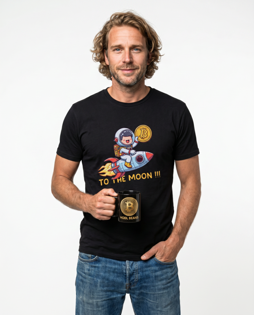 Bitcoin Rocket T‑Shirt — 'To The Moon!!' Crypto Astronaut Tee crypto t-shirt for Bitcoin and Web3 culture