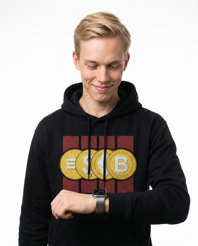 Crypto Coins Hoodie – Bitcoin, Euro & Yen Graphic Pullover crypto hoodie for Bitcoin and Web3 streetwear