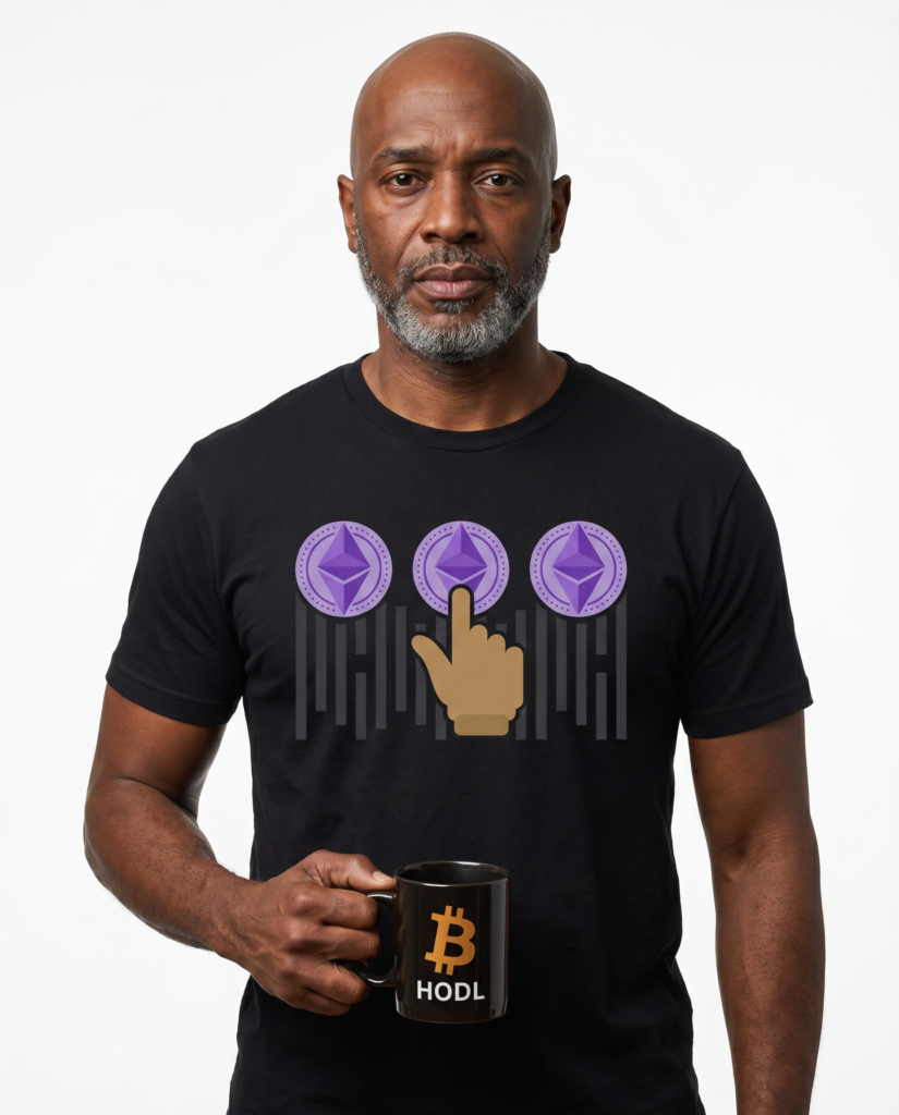 Ethereum Tap T-shirt — Crypto Barcode Shirt with Finger Emoji crypto T-shirt voor Bitcoin- en Web3-cultuur