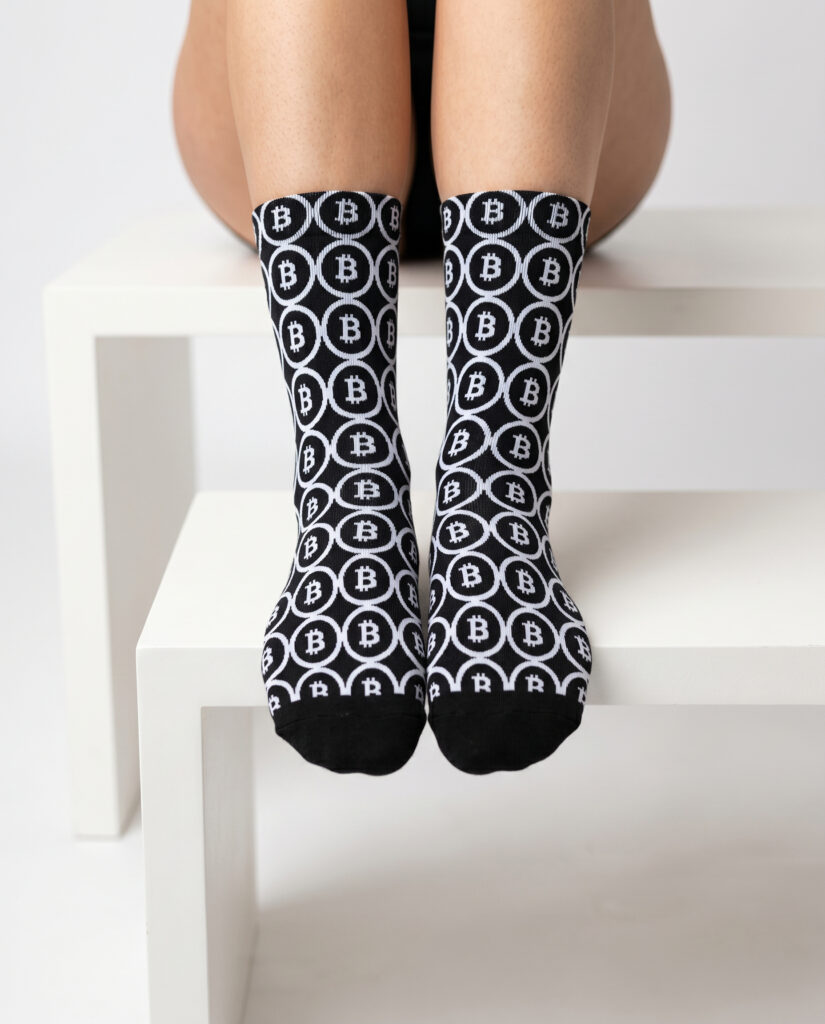 Bitcoin Pattern Sublimation Socks — Crypto Coin Black & White Crew Socks crypto socks for Bitcoin and Web3 holders