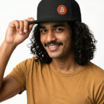 Bitcoin Embroidered Flat Bill Cap (side) — Crypto Logo Snapback crypto hat for Bitcoin and Web3 streetwear