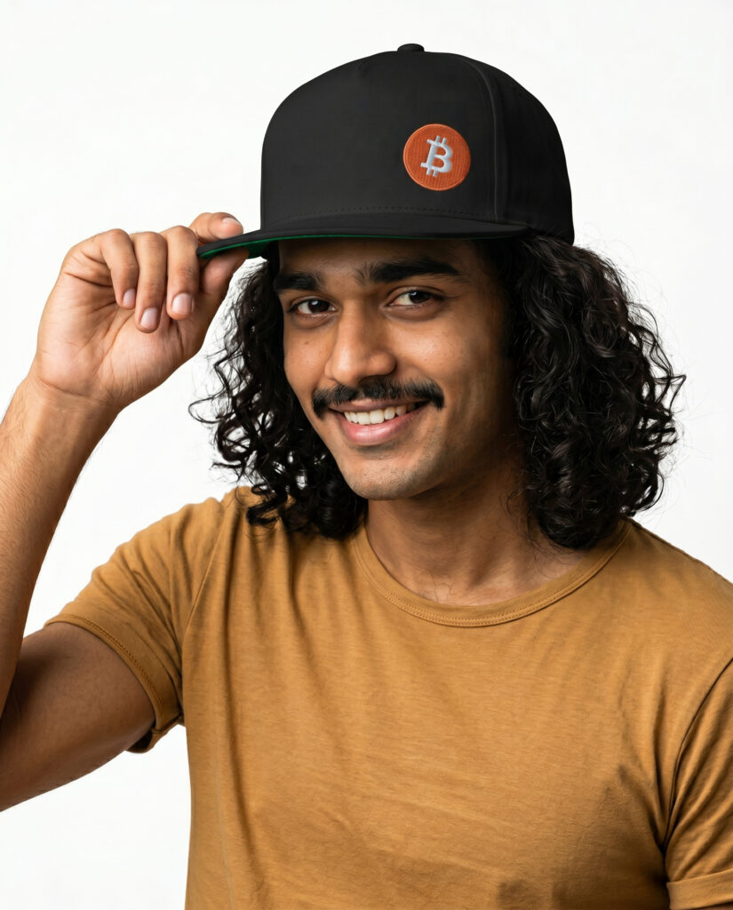 Bitcoin Embroidered Flat Bill Cap (side) — Crypto Logo Snapback crypto hat for Bitcoin and Web3 streetwear