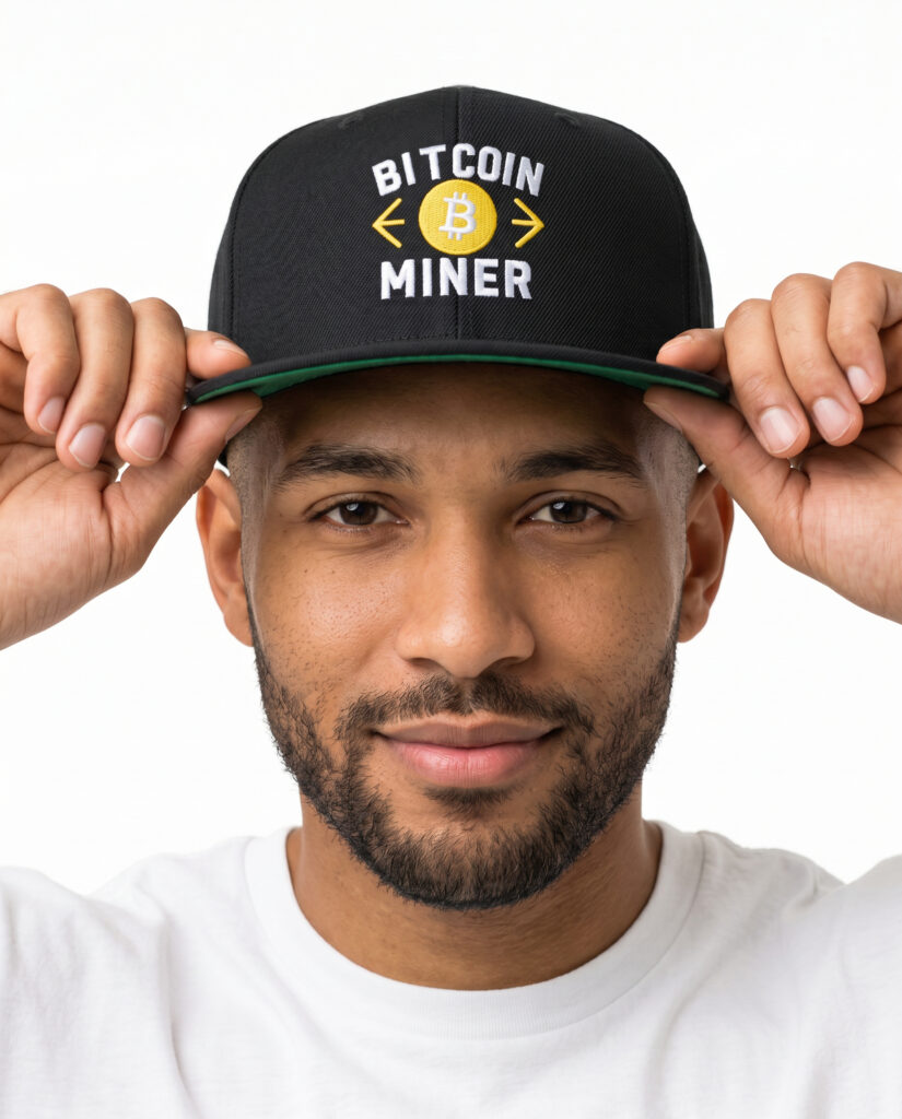 Bitcoin Miner Embroidered Flat Bill Cap crypto hat for Bitcoin and Web3 streetwear