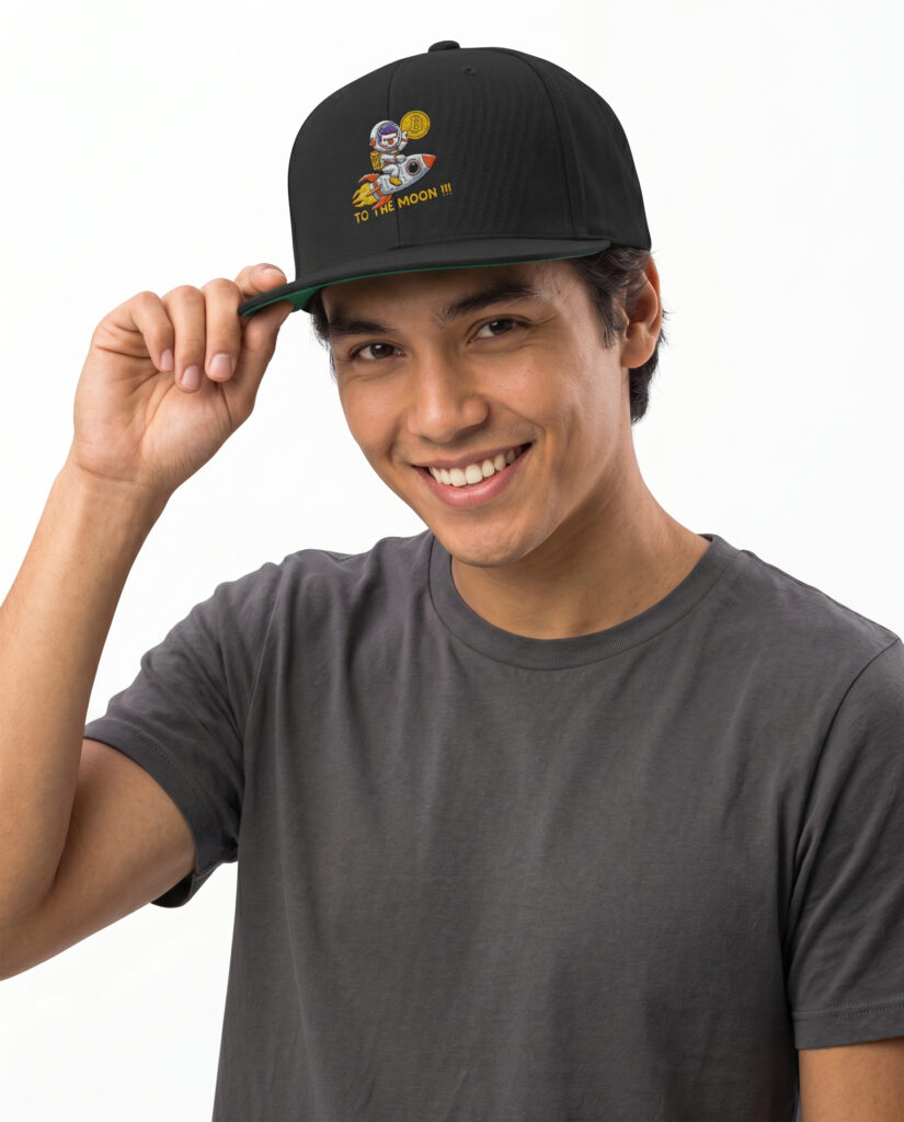 Flat Bill Cap — Embroidered Astronaut 'To The Moon' Snapback crypto hat for Bitcoin and Web3 streetwear