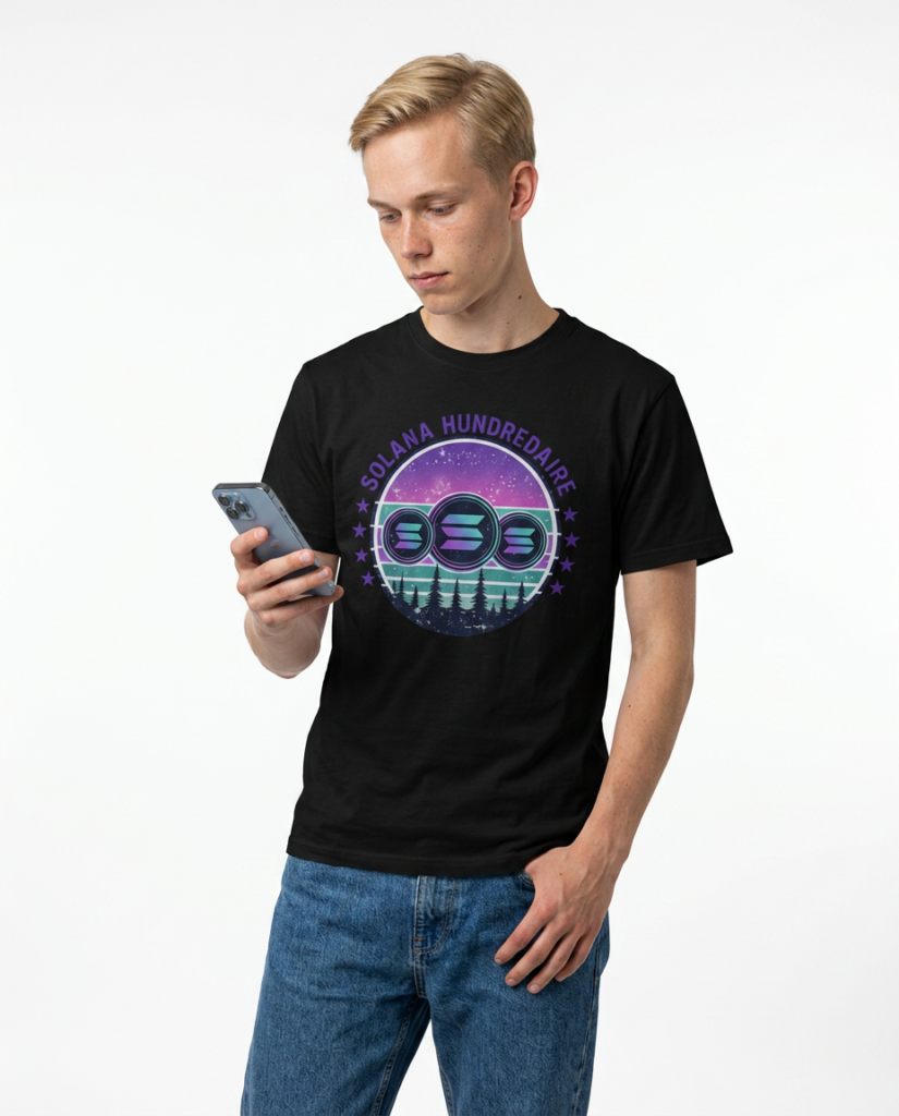 Solana Hundredaire Crypto Tee — Retro Neon 300 Logo T-Shirt crypto t-shirt for Bitcoin and Web3 culture