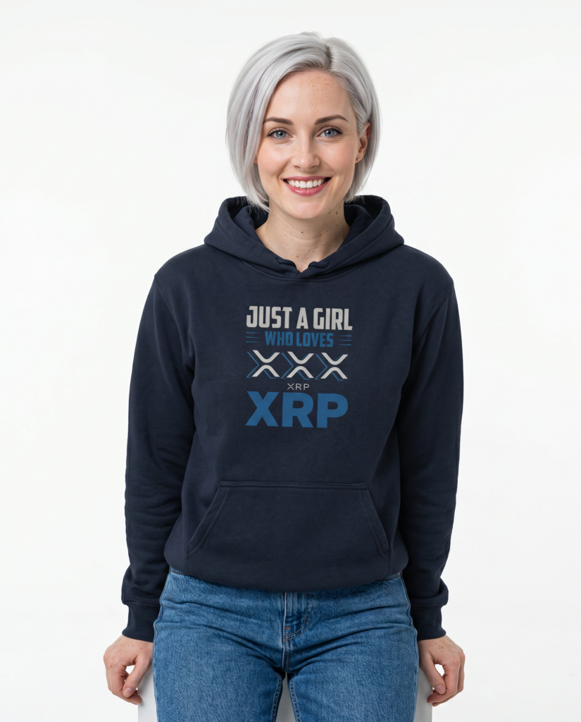 XRP Crypto Hoodie — "Just a Girl Who Loves XRP" Casual Pullover crypto hoodie for Bitcoin and Web3 streetwear